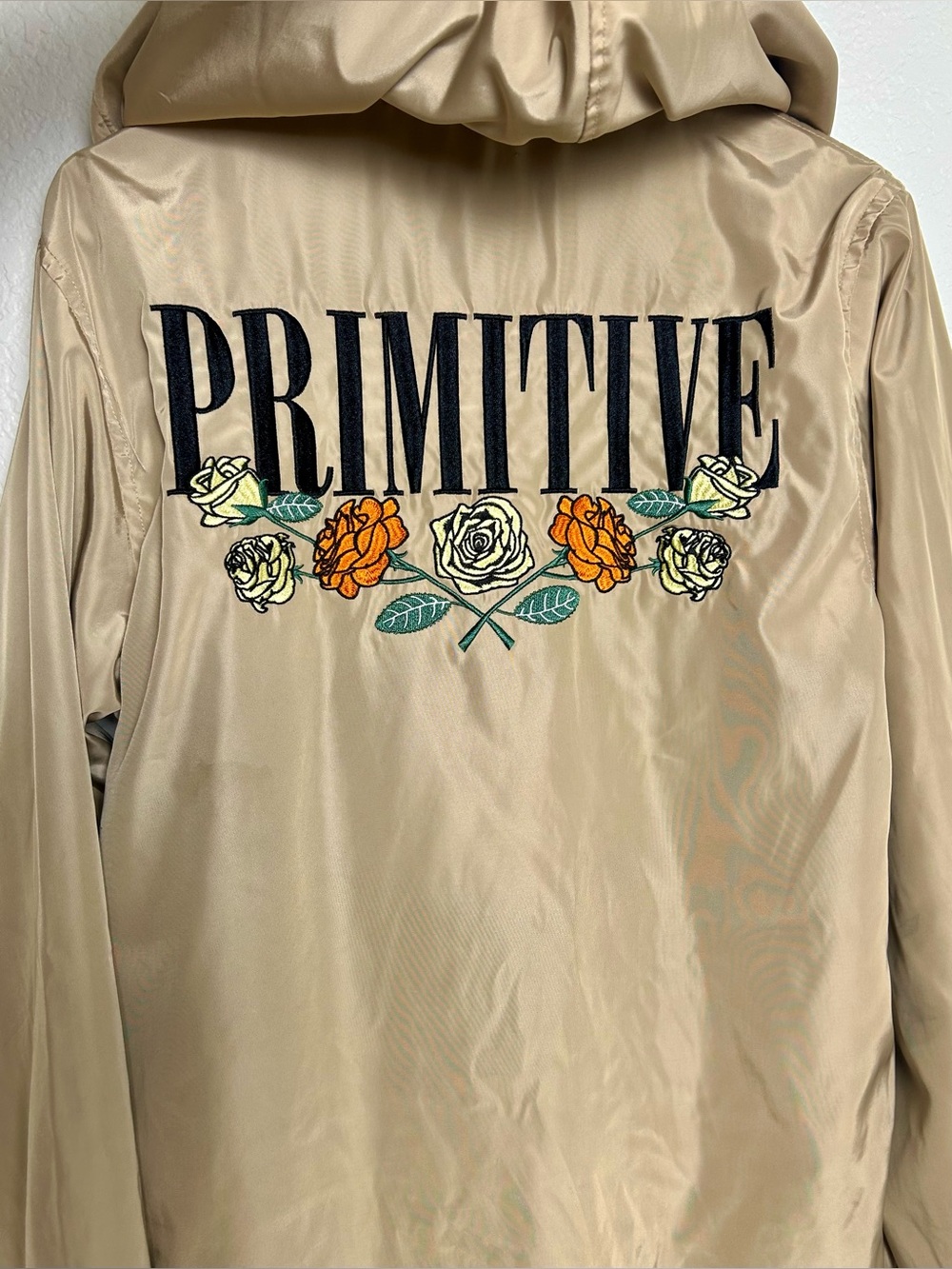 Primitive Embroidered Floral Hooded Windbreaker Jacket Tan Beige Snap Front